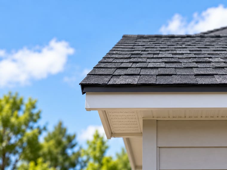 The corner of a shingle roof against a blue sky