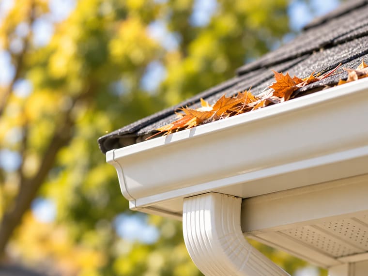 Autumn leaves collecting in a gutter at the roof edge