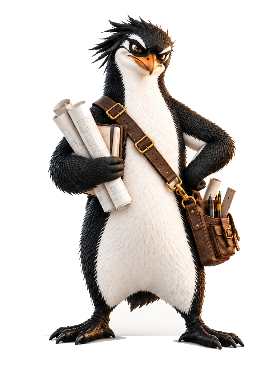 Hux, the SimpliRoofs penguin, with rolled blueprints under one wing, the other on his hip, and a leather tool bag