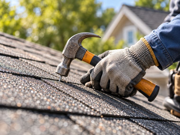 A roofer in work gloves nailing a shingle